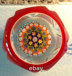 Vintage Murano Art Glass Double Overlay Faceted Millefiori Paperweight Fancy Cut