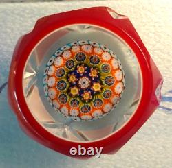 Vintage Murano Art Glass Double Overlay Faceted Millefiori Paperweight Fancy Cut