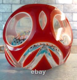 Vintage Murano Art Glass Double Overlay Faceted Millefiori Paperweight Fancy Cut