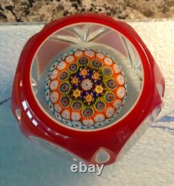 Vintage Murano Art Glass Double Overlay Faceted Millefiori Paperweight Fancy Cut