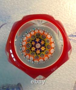 Vintage Murano Art Glass Double Overlay Faceted Millefiori Paperweight Fancy Cut