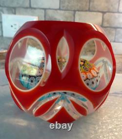 Vintage Murano Art Glass Double Overlay Faceted Millefiori Paperweight Fancy Cut