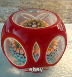 Vintage Murano Art Glass Double Overlay Faceted Millefiori Paperweight Fancy Cut