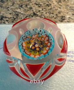 Vintage Murano Art Glass Double Overlay Faceted Millefiori Paperweight Fancy Cut