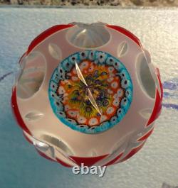 Vintage Murano Art Glass Double Overlay Faceted Millefiori Paperweight Fancy Cut