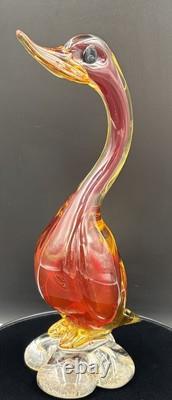 Vintage Murano Art Glass Duck Figurine Statue Red Amber & Clear 26cm In Height