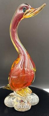 Vintage Murano Art Glass Duck Figurine Statue Red Amber & Clear 26cm In Height