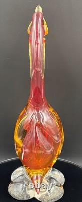 Vintage Murano Art Glass Duck Figurine Statue Red Amber & Clear 26cm In Height
