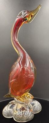 Vintage Murano Art Glass Duck Figurine Statue Red Amber & Clear 26cm In Height