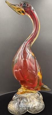 Vintage Murano Art Glass Duck Figurine Statue Red Amber & Clear 26cm In Height