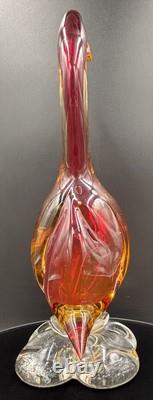 Vintage Murano Art Glass Duck Figurine Statue Red Amber & Clear 26cm In Height