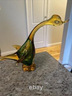 Vintage Murano Art Glass Duck In Amber And Green