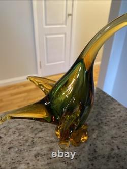 Vintage Murano Art Glass Duck In Amber And Green