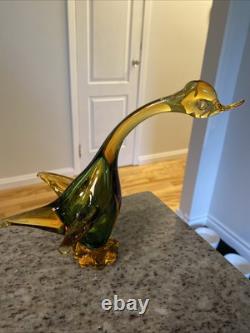 Vintage Murano Art Glass Duck In Amber And Green