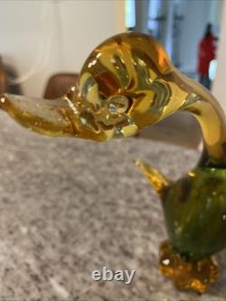 Vintage Murano Art Glass Duck In Amber And Green