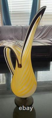 Vintage Murano Art Glass Ewer Yellow White Swirl Frosted Satin Vase Italy