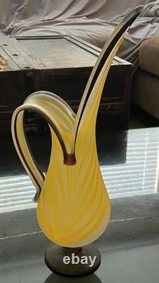 Vintage Murano Art Glass Ewer Yellow White Swirl Frosted Satin Vase Italy