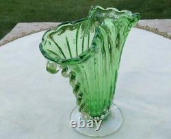 Vintage Murano Art Glass Fan Vase Green & Gold Foil Flecks