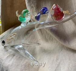Vintage Murano Art Glass Figurine of Birds on Clear Glass Tree Branch Italy