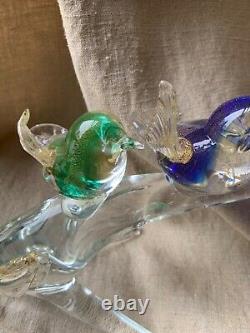 Vintage Murano Art Glass Figurine of Birds on Clear Glass Tree Branch Italy