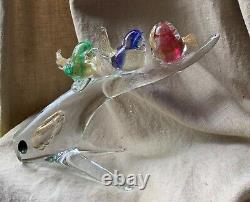 Vintage Murano Art Glass Figurine of Birds on Clear Glass Tree Branch Italy