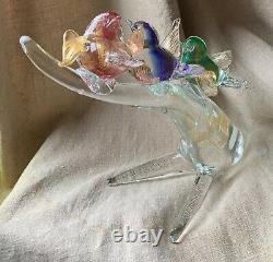 Vintage Murano Art Glass Figurine of Birds on Clear Glass Tree Branch Italy