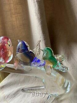 Vintage Murano Art Glass Figurine of Birds on Clear Glass Tree Branch Italy