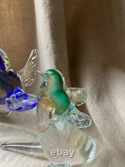 Vintage Murano Art Glass Figurine of Birds on Clear Glass Tree Branch Italy