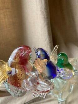 Vintage Murano Art Glass Figurine of Birds on Clear Glass Tree Branch Italy