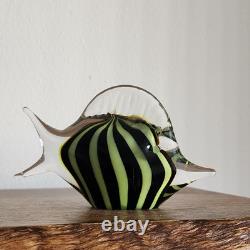 Vintage Murano Art Glass Fish Figurine MCM Black/Green Line Colors