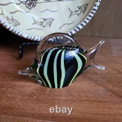 Vintage Murano Art Glass Fish Figurine MCM Black/Green Line Colors