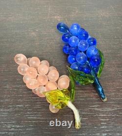 Vintage Murano Art Glass Grapes Cluster Pink Blue Hand Blown Fruit Sculpture