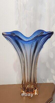 Vintage Murano Art Glass Hand Blown Blue and Peach Vase Twisted Beautiful! 13x9