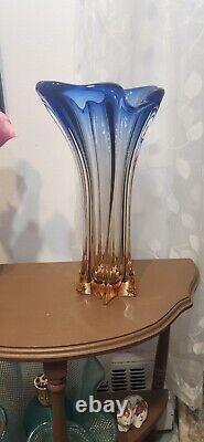 Vintage Murano Art Glass Hand Blown Blue and Peach Vase Twisted Beautiful! 13x9