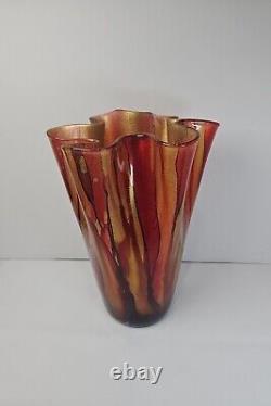 Vintage Murano Art Glass Hand Blown Handkerchief Ruffled Vase Red Gold Sparkle