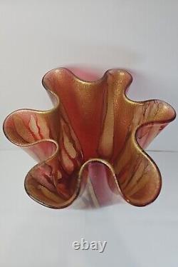 Vintage Murano Art Glass Hand Blown Handkerchief Ruffled Vase Red Gold Sparkle