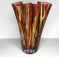 Vintage Murano Art Glass Hand Blown Handkerchief Vase Orange Red Gold Sparkle
