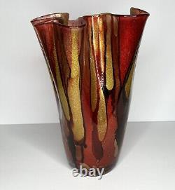 Vintage Murano Art Glass Hand Blown Handkerchief Vase Orange Red Gold Sparkle