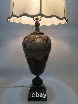 Vintage Murano Art Glass Military Green & Gold Vase withOverlay Flowers Table Lamp