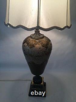 Vintage Murano Art Glass Military Green & Gold Vase withOverlay Flowers Table Lamp