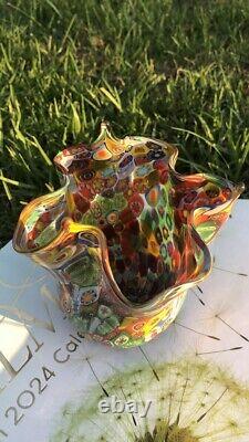 Vintage Murano Art Glass Millifiori Fratelli Toso Vase Mosaic Design Gold Flecks