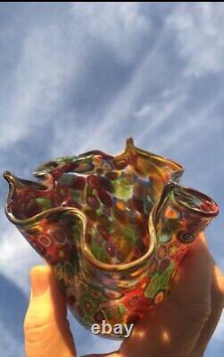 Vintage Murano Art Glass Millifiori Fratelli Toso Vase Mosaic Design Gold Flecks