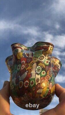 Vintage Murano Art Glass Millifiori Fratelli Toso Vase Mosaic Design Gold Flecks