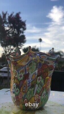 Vintage Murano Art Glass Millifiori Fratelli Toso Vase Mosaic Design Gold Flecks