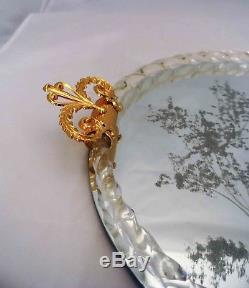 Vintage Murano Art Glass Mirror Vanity Tray Twisted Rope Edge Gold Flecks Handle