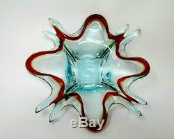 Vintage Murano Art Glass Ocean Blue & Red Centerpiece Bowl Mid-Century Modern