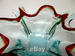 Vintage Murano Art Glass Ocean Blue & Red Centerpiece Bowl Mid-Century Modern