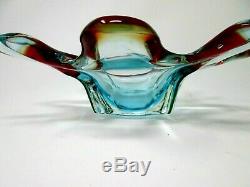 Vintage Murano Art Glass Ocean Blue & Red Centerpiece Bowl Mid-Century Modern