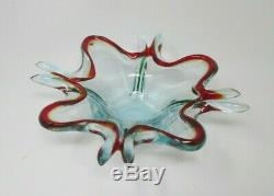 Vintage Murano Art Glass Ocean Blue & Red Centerpiece Bowl Mid-Century Modern