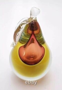 Vintage Murano Art Glass Pear Fruit Bookend Paper Weight Amber Rose Overlay